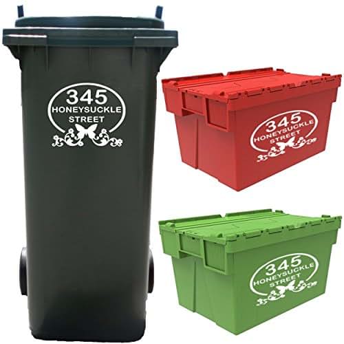 4 Large Personalised Wheelie Bin Number Stickers with house number and street name Vinyl Waste