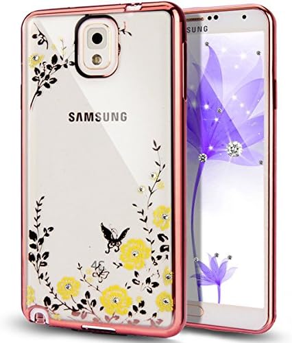 UBMSA-Samsung Galaxy note 4 Case, Luxury Crystal Diamond Fashion Transparent Soft TPU Silicone Case Back Cover for Galaxy note 4 cases [Girl case] (Rose Gold-yellow flower, Note 4)