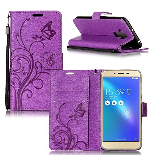 Erdong   Funda de piel Para Asus Zenfone 3 Max ZC553KL 5 5   Carcasa Libro de Cuero Impresi  n Con Tapa y Cartera Correa de mano - Cuero de la PU Con TPU Silicona Case Interna Suave  Soporte Plegable  Ranuras para Tarjetas y Billetera  Cierre Magn  tico - Dise  o de Mariposa y Flor caso Para Asus Zenfone 3 Max ZC553KL 5 5   P  rpura