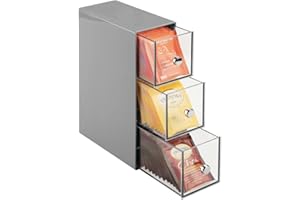 ‎MDESIGN mDesign Küchen Organizer mit 3 Schubladen - Aufbewahrungsbox für Teebeutel, Kaffeepads, Süßungsmittel und mehr - Teekiste aus Kunststoff - grau