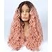 Produktbild vvBing Long Curly Lace Front Wig Synthetic 2 Tones Ombre Dark Roots to Pastel Pink Wig Glueless Wave Hair Heat Resistant Fibers Middle Parting 24inch