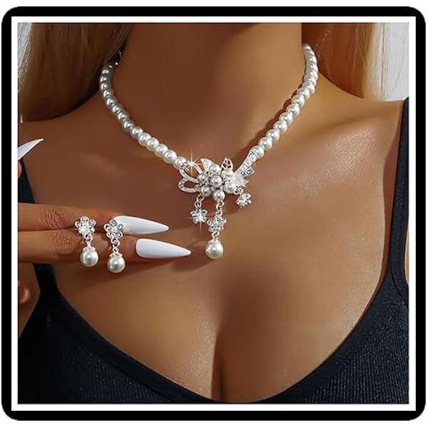 Set Collana E Orecchini Perle Fiore Di Camelia - Gioiello Vintage Con Cristallo Per Donne - Foto 10