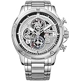 BUREI Herren Armbanduhr Sport Chronograph mit schwarzem Lederband und Tages und Datumsanzeige (Silber)