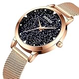 Frauen-Uhr, Frauen-Mode-Luxus Armbanduhr Geschäfts beiläufiges Kleid Wasserdichte Quarzuhr Edelstahl Goldenem Band-Maschen und blauem Wählen