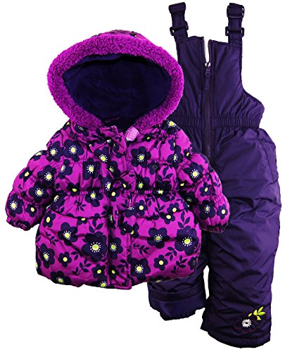 Pink Platinum Baby Girls' 3 Bows Floral Print Puffer Snowsuit Ski Bib Pant Set, Plum, 18 Months