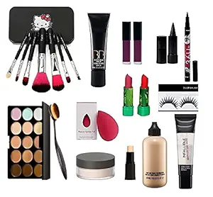 Eaglehunt Mac Combo Makeup Kit For Girls (set of 24) 50 color Eyeshadow makeup kit, 10 set of makeup brush, 4 lipstick, linear, Eyelashes, tube primer, Kajal, concealer, puff, losses powder, face &body Foundation, primer, Lipliner