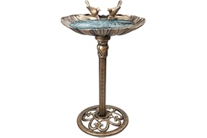 PaMeer Garden Bird Bath Freestanding Resin Bird Bath With Stand Antique Brass Effect Bird Water Bath For Backyard Patio Lawn Garden Ornament_ 50cm x 71cm.