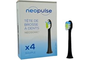 NEOPULSE® - Lot de 4 Recharges de Têtes de Brosse Souples Noires en Nylon pour Brosse à Dents Électrique Sonique NEOSONIC® - Compatible NEOKIDS® - 3D : Brins courts et longs - Indicateur d'Usure
