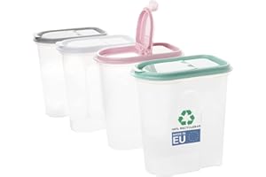 2FRIENDS Set di 4 contenitori da 2 litri, trasparenti con coperchi pieghevoli, dispenser per cereali, colore: grigio, rosa, bianco, verde, in plastica, Made in Europe, 100% riciclabili