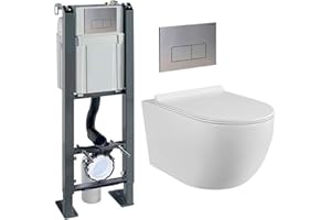 CORIBI Pack Complet WC Sans Bride Bati Autoportant + Cuvette Suspendue Sans Bride + Plaque (Bâti chrono autoportant, Plaque inox)