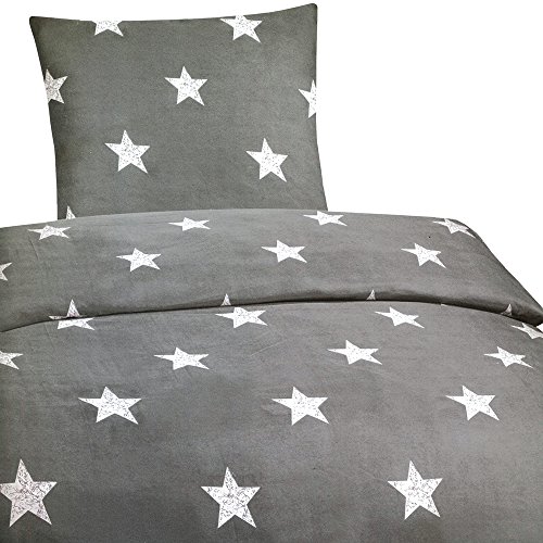 4 teilige Microfaser Bettwäsche 155 x 220 cm 2 Garnituren Übergrösse Set Neu Premium Sterne Grau