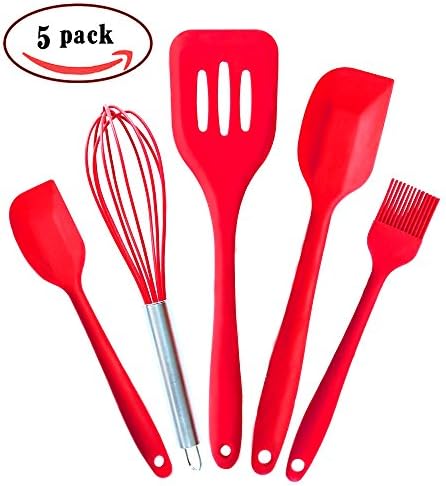 5 PCS Silicone Spatula Set, Oucles Heat Resistant Kitchen Utensils for Cooking, Baking and Mixing, Non-stick Rubber Spatulas with Comfortable Handle and Hygienic Solid Coating (Red)