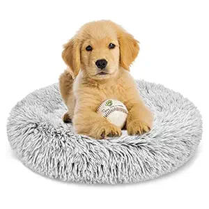 Spring Blossoms Fluffy Calming Dog Bed Long Plush Donut Pet Bed Hondenmand Round Orthopedic Lounger Sleeping Bag Kennel Cat Puppy Sofa Bed House (M with 60cm,Light Gary)