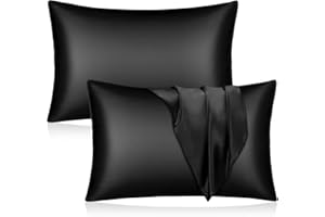 SANOOR Mulberry Satin Silk Pillowcase for Hair and Skin - Soft Breathable Smooth Both Sided Silk Pillow Cover Pair - Standard Size 50x75cm, 2pc (Black Pillow)