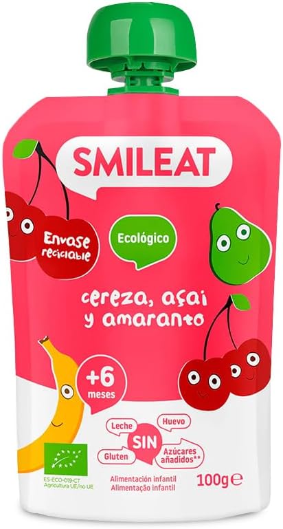 Smileat - Pouch de Frutas Ecológicas - Sin Sal ni Azúcar Añadido, Sin Gluten - Snack Práctico para Peques - Sabor a Cereza, Açai y Amaranto