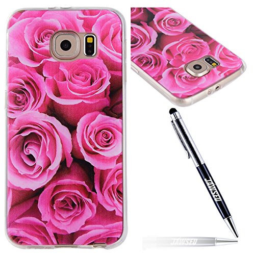 Galaxy S6 Hülle,Silikon Schutzhülle für Samsung Galaxy S6,JAWSEU Schön Pink Rose Blume Muster Kristall Klar Anti-Scratch Weich Flexibel Bumper Tpu Gel Handyhülle Ultradünn Durchsichtige Tasche Case Cover Etui für Samsung Galaxy S6+1xSchwarz Glitzer Bling Eingabestift-Pink Rose Blume