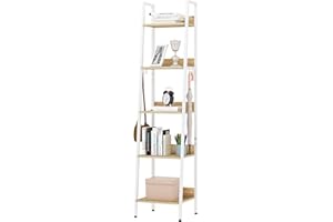 WOLTU Libreria a 5 Ripiani, Scaffale con 4 Ganci Industriale, Scaffale a Scala in MDF e Metallo per Soggiorno, Cucina, Studio, Ufficio,Bianco, 40x36x170cm RGB9289whe