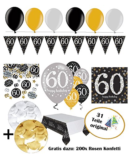 Komplette FesteFeiern® Dekoration zum 60. Geburtstag | Geburtstags Deko 60 | 31 Teile gold schwarz silber mit Luftballon | Party Deko happy birthday 60