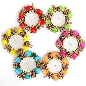 HomeSquare Tealight Holder Diwali Diya with Artificial Flowers - Set of 6