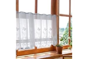 Devola Scheibengardinen transparent Jacquard gardine mit Blumen panneaux gardinen Landhaus bistrogardine weiß mit ösen Kurze küchengardinen mit gebogter Kante BxH 120x90cm 1 Stück