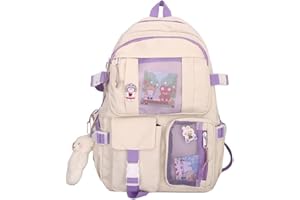 ATTRIA Kawaii płócienny plecak szkolny z wisiorkiem, torba na ramię na laptopa, powrót do szkoły, artykuły szkolne, BEŻOWY, Large, Plecaki do plecaka