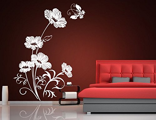 Wandtattoo wandaufkleber Aufkleber Wandsticker wall sticker Wohnzimmer Schlafzimmer Kinderzimmer Ranke Blume Blumen Blumenranke Blumeranke Vine Flower Butterfly floral 30 Farben zur Wahl wpf55 (010 weiss, Größe1:ca.60x40cm)