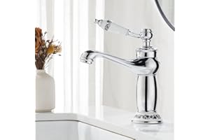 Maynosi Rubinetto miscelatore retrò per lavabo, Rubinetti vittoriani di lusso con maniglia in ceramica floreale, Rubinetto vintage monocomando per lavabo, Include code flessibili, In ottone, Cromo