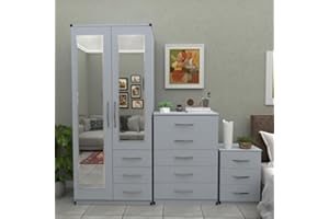 GENERIC Ready 3-Piece Bedroom Furniture Set, 2-Door Mirrored Wardrobe with Drawers, 5-Drawer Chest, 3-Drawer Bedside Table (Silver)