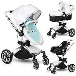 Amzdeal 3 en 1 Poussette Combinée Pliable, Poussette Trio pour Bébé 360° Rotation Guidon réglable en Cuir PU avec Cosy et Nacelle (Tube Argent & Matelas Bleu)