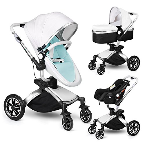 Amzdeal 3 en 1 Poussette Combinée Pliable, Poussette Trio pour Bébé 360° Rotation Guidon réglable en Cuir PU avec Cosy et Nacelle (Tube Argent & Matelas Bleu)