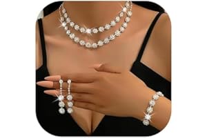 FDEETY 4 Pezzi Set Gioielli Donna Fiore Cristallo Collana Doppio Strato Bracciale Orecchini Pendenti Brillanti Eleganti Cerimonia Matrimonio Sposa