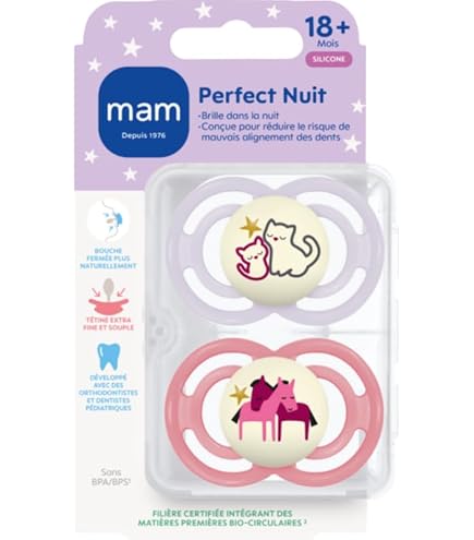 MAM Perfect Night Lot De 2 Tétines Phosphorescentes 16 Mois+ - Respectueuses Des Dents En Matériaux Bio
