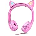 Olyre Girls Headphones with LED Light Up Cat Ears 85db Hearing Protection Kids Headphones 3.5mm jack over ear - Pink