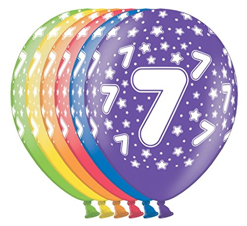 7. Geburtstag: 6 Ballons mit Globaldruck metallic bunte Mischung 30cm Durchmesser, 12"