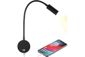 WisHomee Reading Lamp Wall Mounted with USB Charging Port, Dimmable Bedside Table Wall Light LED Wall Mounted Headboard Lamp, Flexible Wall Light, Black (3W Warm White)