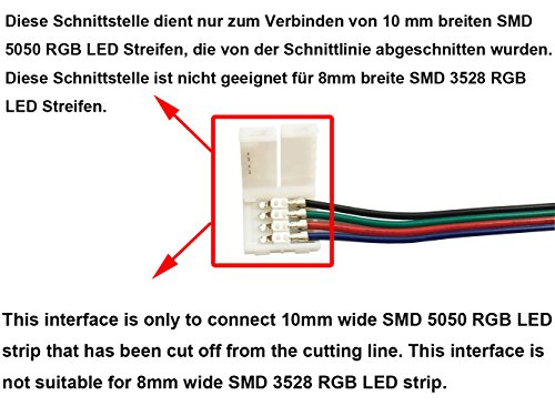 LitaElek 10x RGB 5050 Schnellverbinder 10mm Breit 4 polig Verbindungskabel Anschlusskabel LED Stripe Verbinder Adapter für SMD 5050 RGB LED Streifen zu RGB 3528 2835 LED Streifen, zu DC Stromversorgung, zu LED Controller-17cm, Ohne Löten - 3