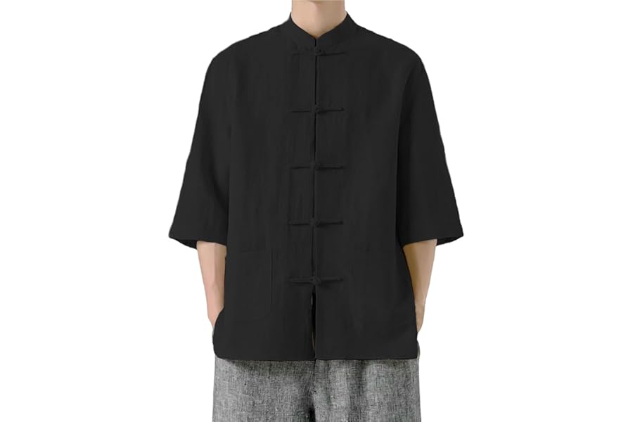 Mens Linen Shirts Traditional Chinese Martial Arts Tai Chi Suit Cotton and Linen Kung Fu Uniform Tops 3/4 Sleeve Stand Collar Tang Suit for Men Loose Fit Casual Linen Shirt