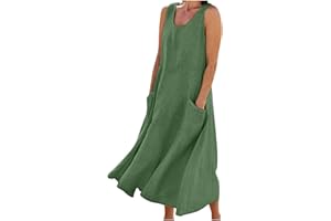 ZEIAYUAS Maxi Dresses for Women UK Cotton Linen Casual Oversized Tunic Dress Sleeveless Vest Dress with Pocket Solid Color A-line Dress Baggy Beach Long Dress Summer Floral Print Sundress