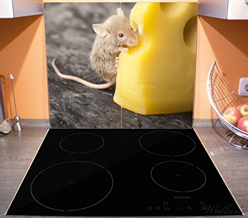 Wallario Herdabdeckplatte / Spritzschutz aus Glas, 2-teilig, 60x52cm, für Ceran- und Induktionsherde, Süße Maus knabbert an einem Käse in der Küche - 3