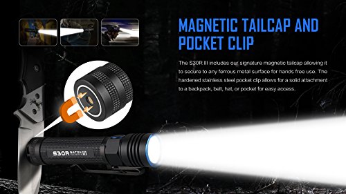 Olight® S30R III Taschenlampe wiederaufladbar – Cree XM-L2 CW LED max. 1050 Lumen mit 1 x speziellem Lithium Ionen 18650 Akku 3500mAh, 1 x USB-Ladekabel , 1 x Magnet Dockingstation und Handschlauf - 4