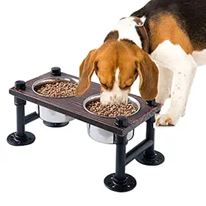 WELLAND Dog Raised Bowls, Farmhouse Elevated Dog Feeder with 2 Stainless Steel Bowls, Solid Wood Board & Black Metal Legs, 15.7?�?W x 8?�?D x 6.7?�?H
