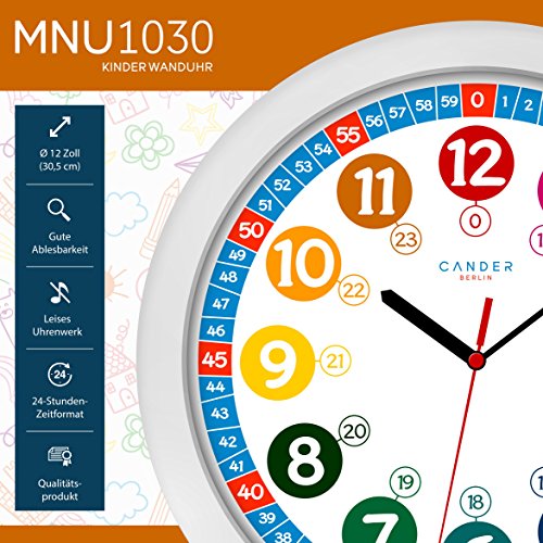 ONETIME Kinderwanduhr (Ø) 30,5 cm Kinder Wanduhr mit lautlosem Uhrenwerk und farbenfrohem Design – Ablesen der Uhrzeit lernen - 2
