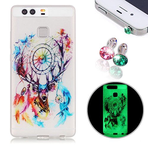 Preisvergleich Produktbild Huawei P9 TPU Case,Huawei P9 Cover,Huawei P9 Silicone Skin Case,Pershoo TPU Schutzhülle für Huawei P9,Schön Bunt Traumfänger Night Luminous Glow Series Muster Design Soft Flexible Transparent Crystal Scratch-Resistant Gel Silikon Schutzhülle Rückseite Handy Tasche Cases Covers Etui Bumper für Huawei P9 + 2x Glitzer Diamant Rhinestone Staub Stecker-Bunt Traumfänger
