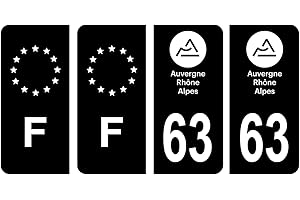 HADEXIA Lot 4 Autocollants Plaque immatriculation département 63 PUY-de-Dôme Auvergne-Rhône-Alpes Noir & F France Europe