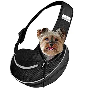 Katziela Pet Carrier Sling Bag - Small Dog, Puppy and Cat Carrier Front Shoulder Backpack w/Harness Strap - Carrying Pouch for ESA, Airline Approved Animal Travel - PU Leather Bottom, Mesh Pocket