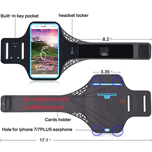 Fascia da Braccio Sportiva Porta Cellulare Running per iphone 7 plus 6s plus 6 plus 8 plus Samsung S7 Edge S6 Edge S7 S6 S5 Huawei P8 P9 lite P10 Plus per Esercizio Palestra Jogging Mountain Bike Porta Scheda Escursionismo Passeggiate Equitazione Auricolari e Key Holder Sweatproof adatto a qualsiasi smartphone inferiore a 5,5 pollici