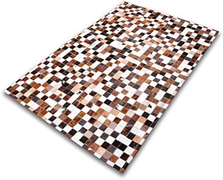 Five Grain Cowhide Patchwork Rug W120 x L180 cm Chessboard Dark Brown Cream Box Stitched