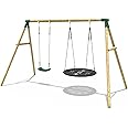 Rebo® Children's Wooden Garden Swing Set - Meteorite Green | OutdoorToys | Pressure Treated Timber, Large 100cm High Density Nest Swing, Sturdy Construction