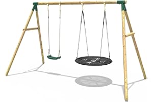 Rebo® Children's Wooden Garden Swing Set - Meteorite Green | OutdoorToys | Pressure Treated Timber, Large 100cm High Density Nest Swing, Sturdy Construction