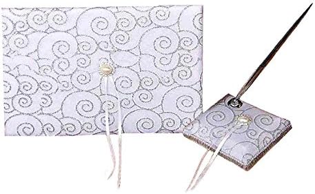Silver Wedding Guest Book and Pen and Pen Holder Set with Diamante Boxed